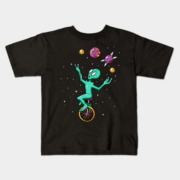 Alien Juggling with Planets Funny Artwork Kids T-Shirt by Artistic muss